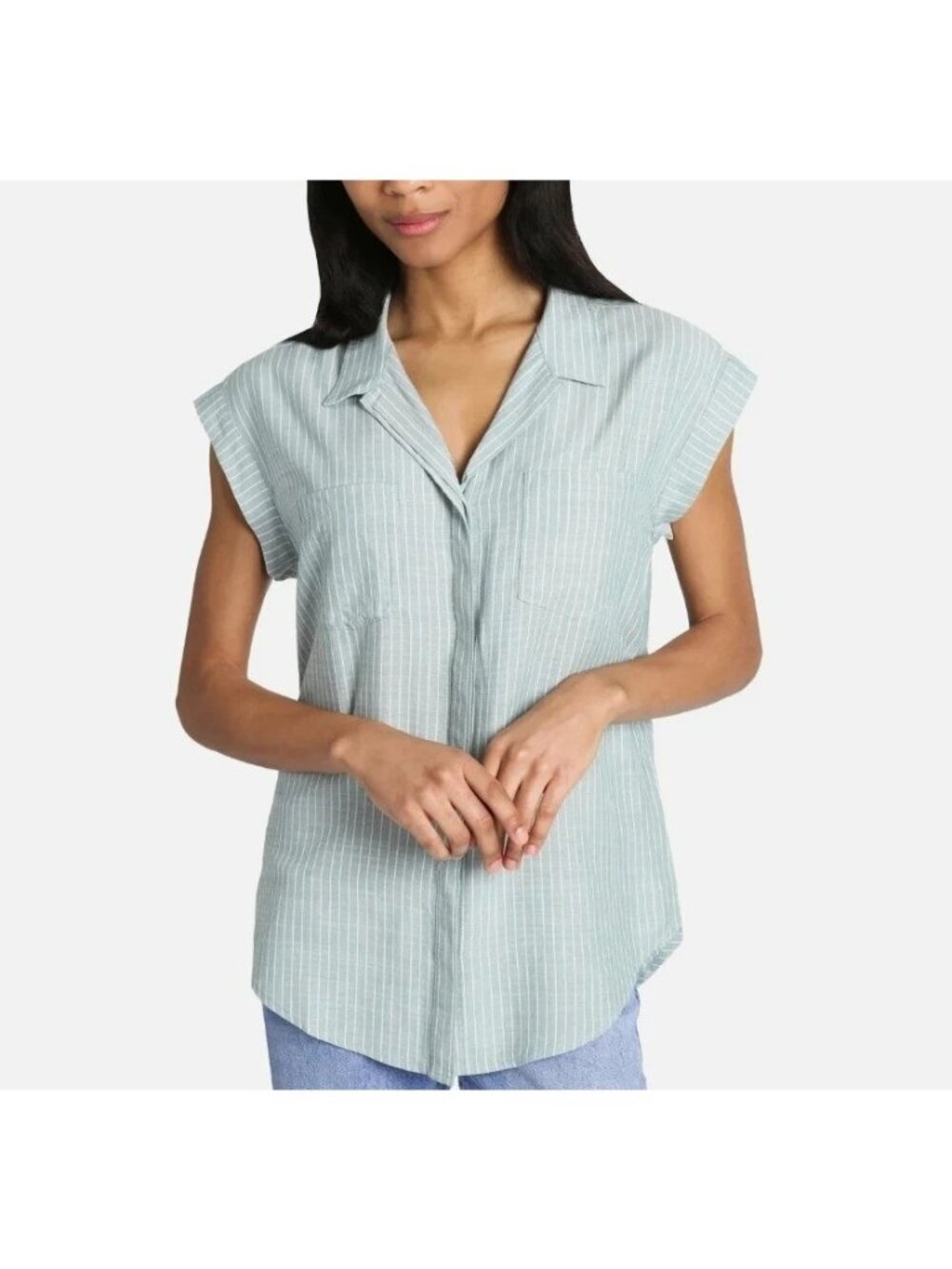 NWT Jachs Girlfriend Women's XXL Sleeveless Striped Green Button-Up Shirt C0721